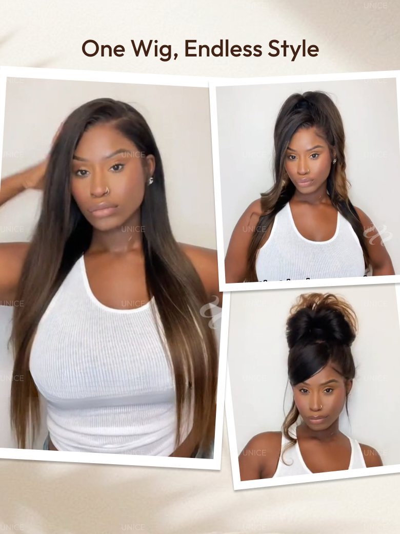 UNice Bye-Bye Knots 7x5 Lace Black to Chestnut Brown Ombre Yaki Straight Wig With Invisi Drawstring