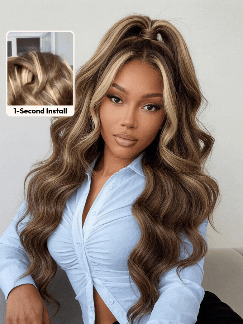 [24"=$139] 13x4 Bye Bye Slip™ Lace Frontal Honey Brown Loose Wave Drawstring Wig with Golden Blonde Face Framing Layers