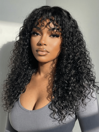 4x0.75 Lace Shaggy Natural Black Defined Curly Wig with Bangs for Beginner