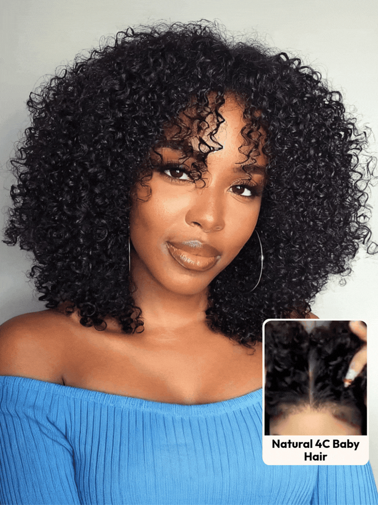 UNice 7x5 Lace Bye Bye Knots Glueless Wig Black Kinky Curly Wig With 4C Baby Hair 150% Density Drawstring Wig
