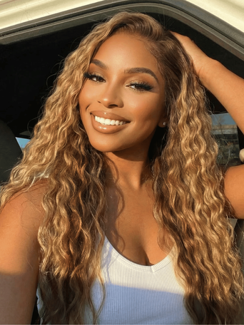 13x4 Bye Bye Slip™ Lace Frontal Caramel Brown With Honey Blonde Highlights Water Wave Glueless Drawstring Wig
