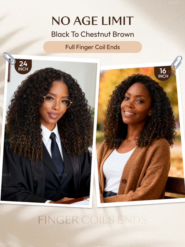 UNice 100% Human Hair Glueless Curly Wig With Defined Finger Coil Ends Black to Chestnut Brown Ombre Bye-Bye Knots™ 7x5 Lace Drawstring Wig