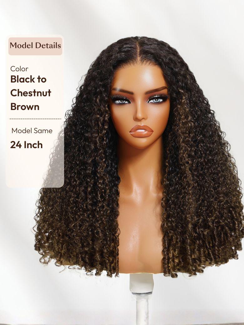 UNice Glueless 7x5 Burmese Curly Wig with Finger Coily Ends 100% Human Hair Black to Chestnut Brown Ombre Bye-Bye Knots™ 7x5 Lace Drawstring Wig