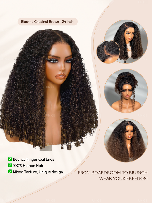 UNice Glueless Curly Wig With Defined Finger Coil Ends Black to Chestnut Brown Ombre Bye-Bye Knots™ 7x5 Lace Drawstring Wig