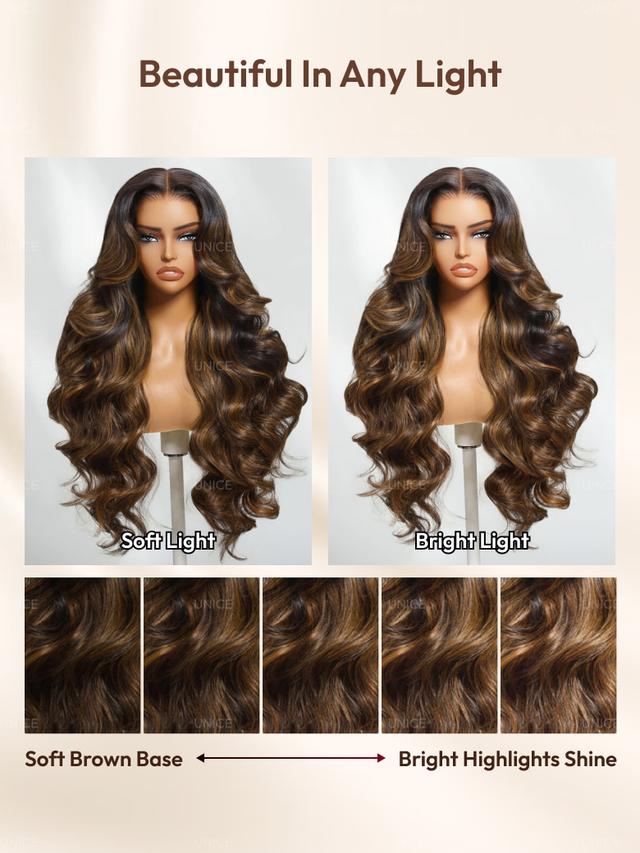 UNice 7x5 Bye Bye Knots™ Wig Glueless Lace Balayage Highlight Body Wave Drawstring & Curtain Bangs Wig