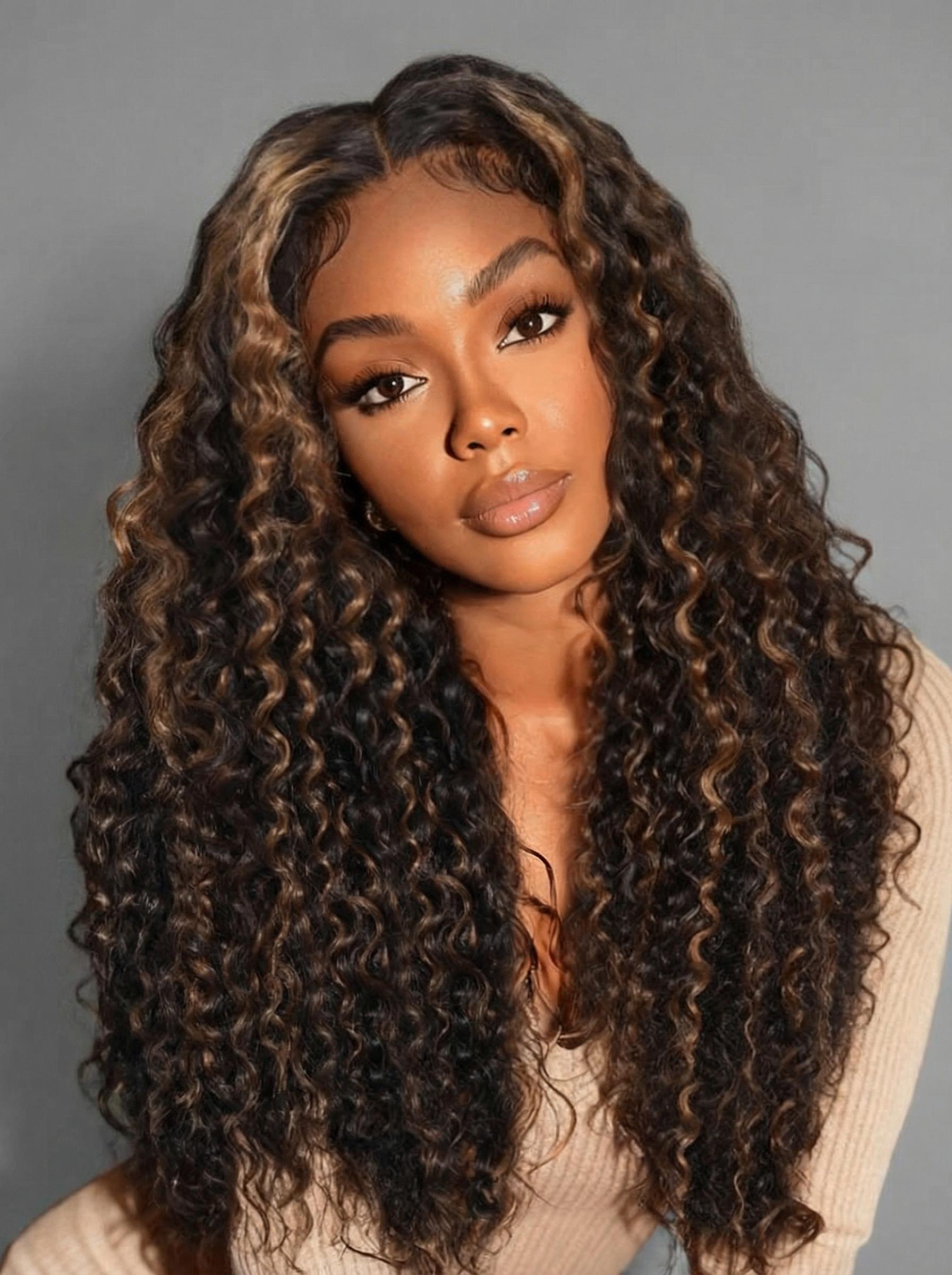 UNice Bye-Bye Knots™ 7x5 Lace Curly Glueless Wig With Golden Brown Highlights