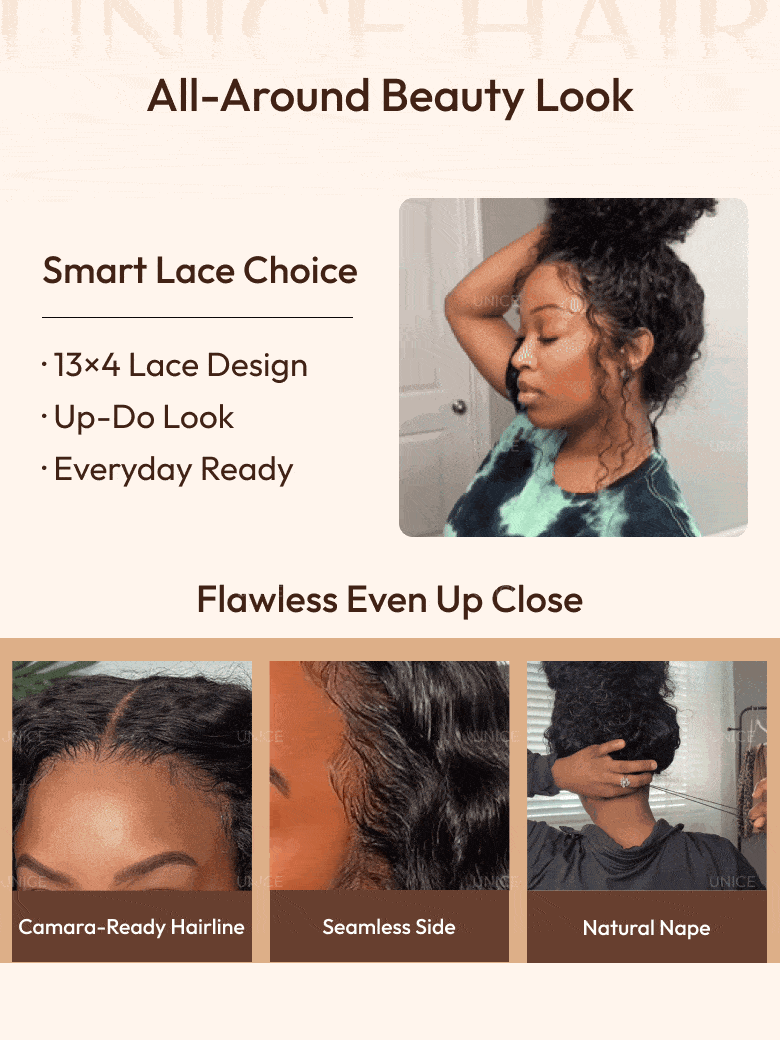 UNice 7x5 Bye Bye Knots & 13x4 Pre-Everything™ Lace Frontal Natural Black Water Wave Curly Drawstring No Baby Hair