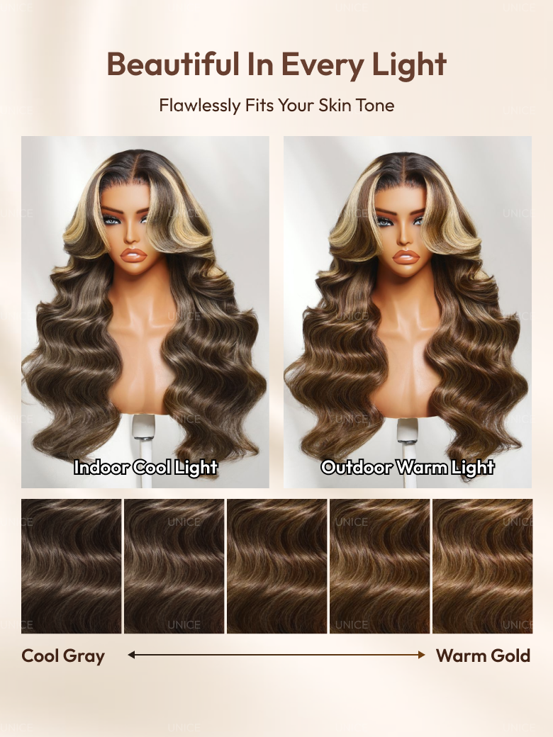 UNice 13x4 Bye Bye Slip™ Lace Frontal Honey Brown Loose Wave Drawstring Wig with Golden Blonde Face Framing Layers