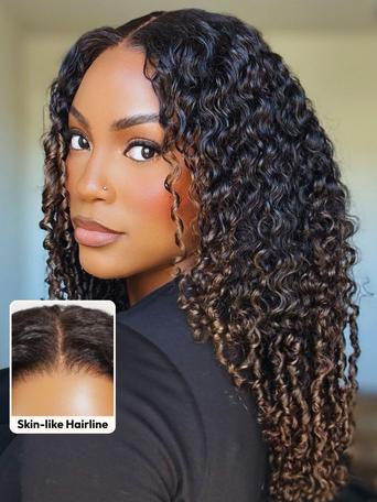 UNice Glueless 7x5 Curly Wig With Defined Finger Coil Ends 100% Human Hair Black to Chestnut Brown Ombre Bye-Bye Knots™ 7x5 Lace Drawstring Wig