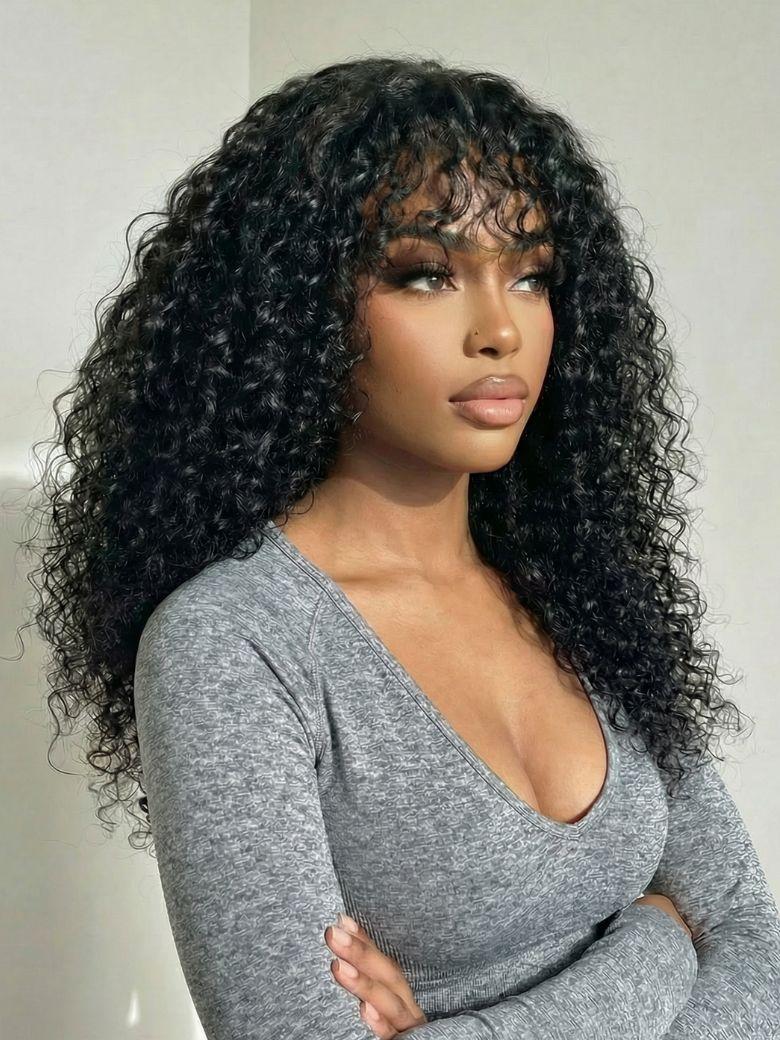 [From 18 Inch] UNice 4×0.75 Lace Shaggy Curly Natural Black Wig with Pre-Cut Bangs Glueless Beginner-Friendly