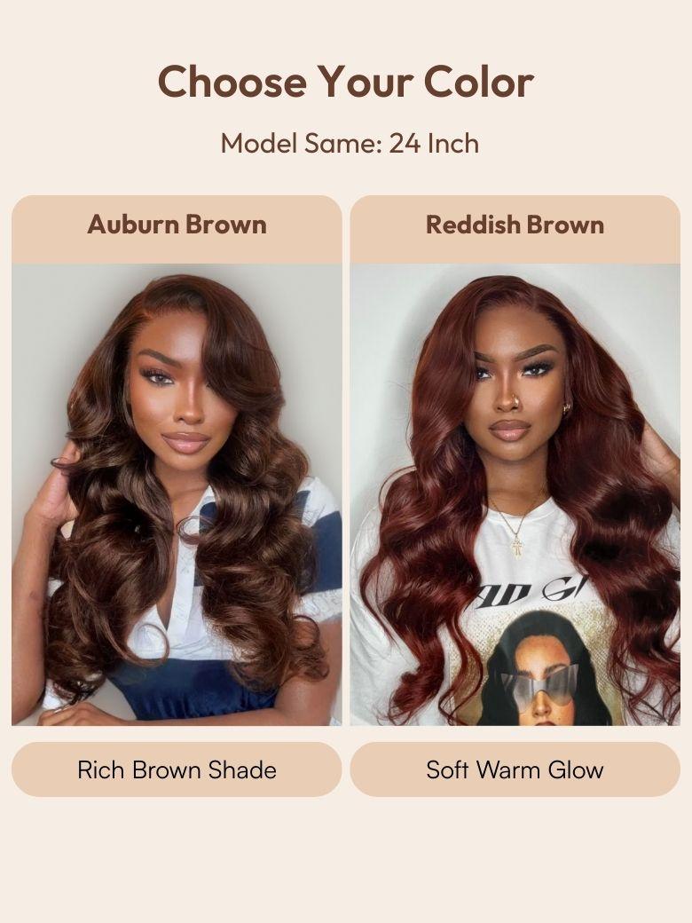 UNice 100% Human Hair Glueless Auburn Brown 13x4 Pre-Everything™ & Reddish Brown 7x5 Bye-Bye Slip™ Lace Frontal Loose Wave Wig with Invisi Drawstring & Face Framing Layers 150% Density
