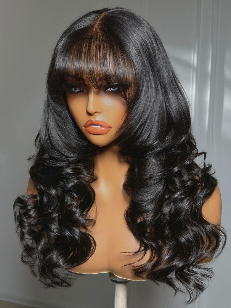 [From 18 Inch] UNice 7x5 Bye Bye Slip™ Lace Natural Black Soft Blowout Loose Wave Layered Wig With Wispy Bangs