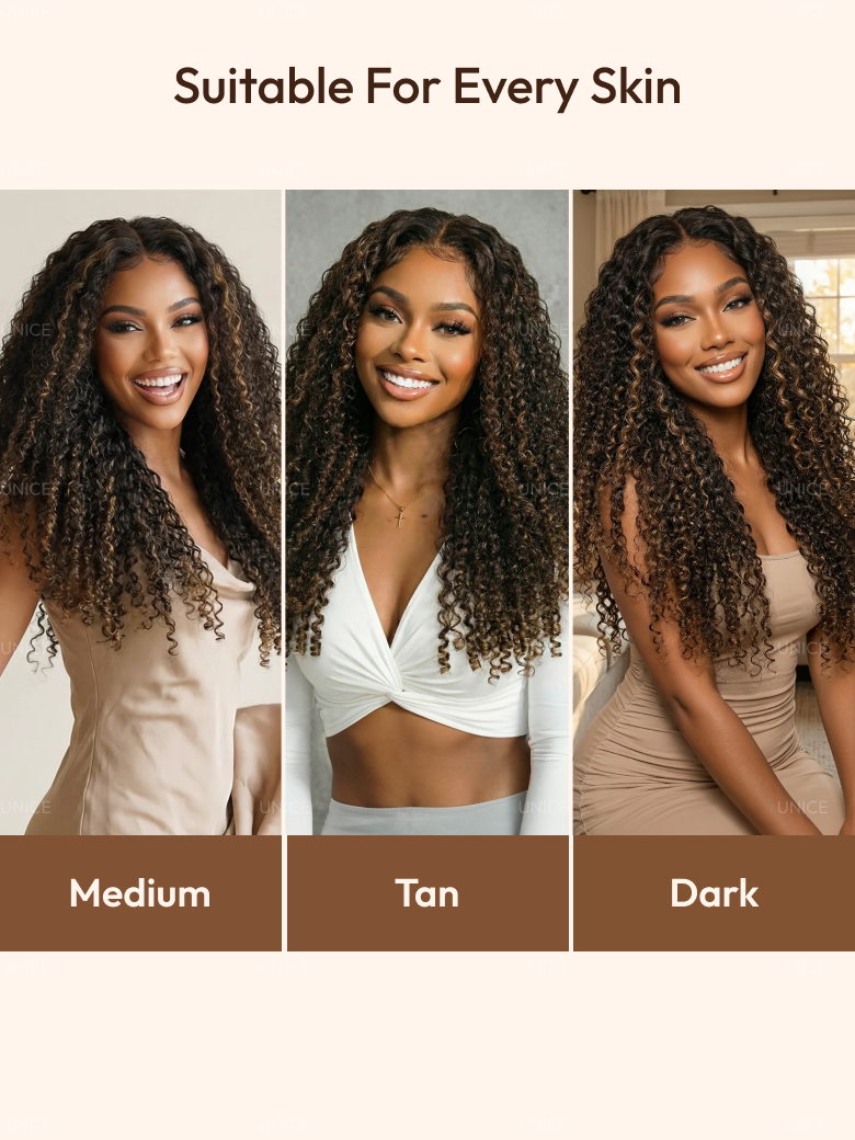 UNice Glueless 7x5 Burmese Curly Wig with Finger Coily Ends 100% Human Hair Black to Chestnut Brown Ombre Bye-Bye Knots™ 7x5 Lace Drawstring Wig