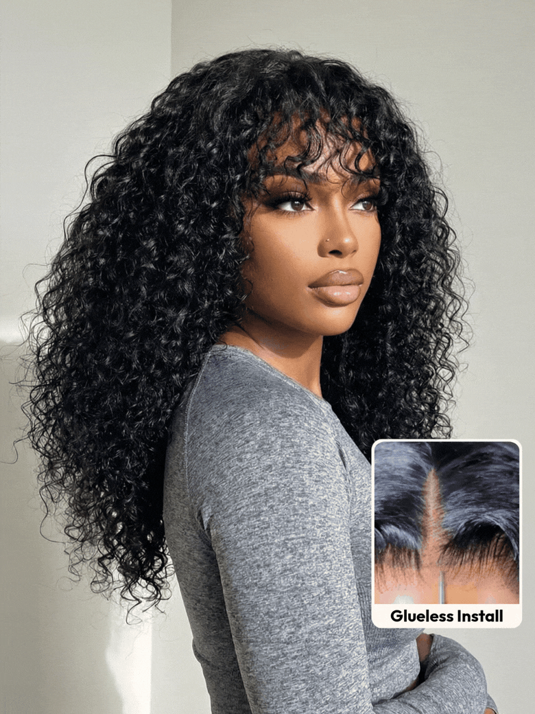 UNice 4x0.75 Lace Shaggy Natural Black Defined Curly Wig with Bangs for Beginner