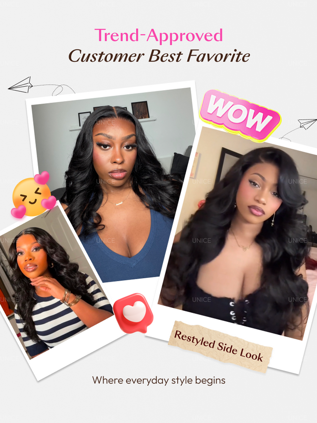 UNice 100% Human Hair Butterfly Cut 180% Density Bye-Bye Knots™ 7x5 Lace Body Curls Wig with Feathered Layers & Invisi Drawstring