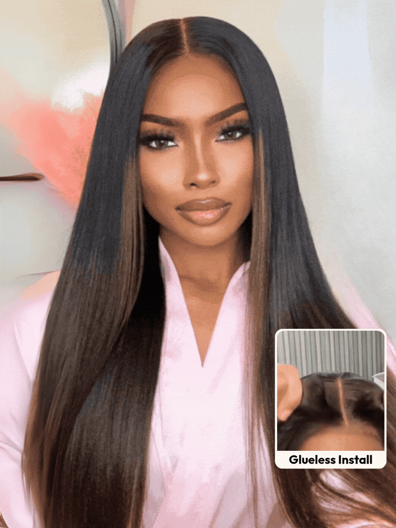 UNice 7x5 Bye Bye Slip & 13x4 Pre-Everything Lace Black to Chestnut Brown Ombre Yaki Straight Wig With Invisi Drawstring