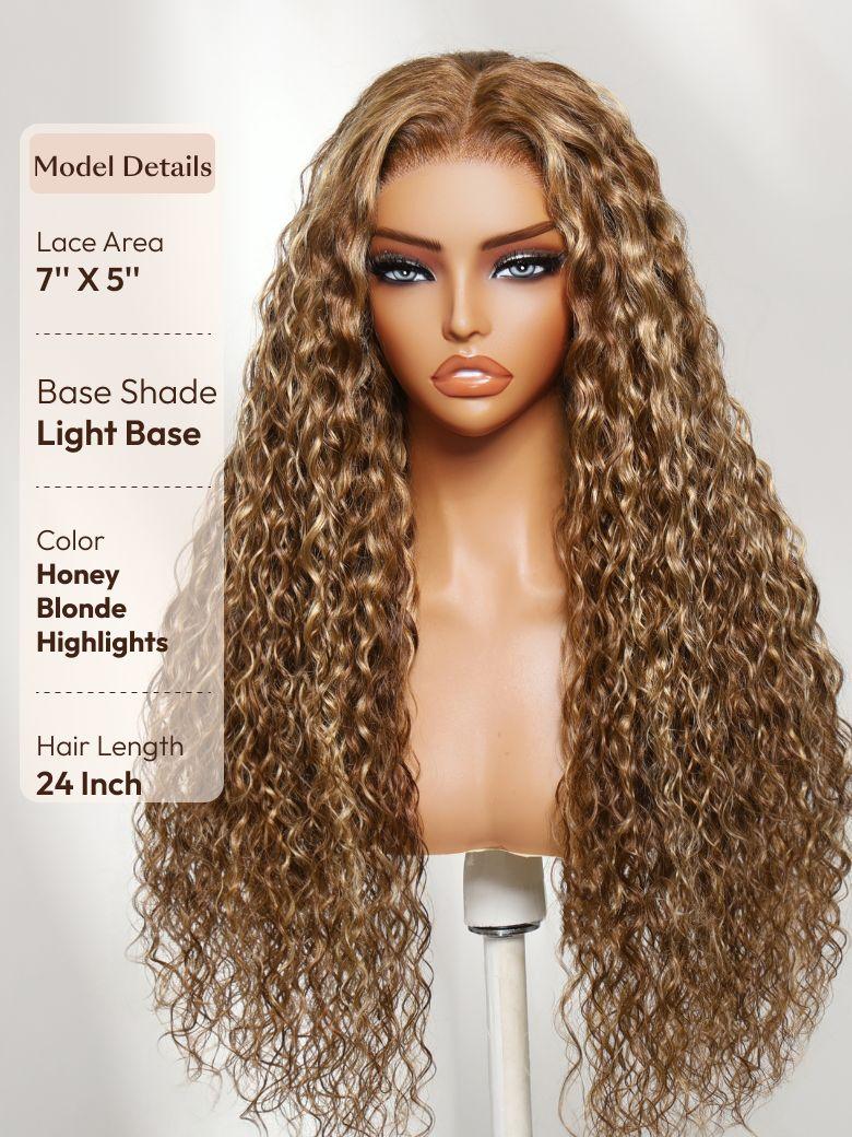 UNice 13x4 & 7x5 Bye Bye Slip™ Lace Frontal Caramel Brown With Honey Blonde Highlights Water Wave Glueless Drawstring Wig