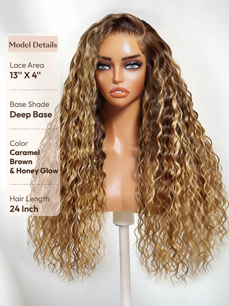UNice 13x4 & 7x5 Bye Bye Slip™ Lace Frontal Caramel Brown With Honey Blonde Highlights Water Wave Glueless Drawstring Wig