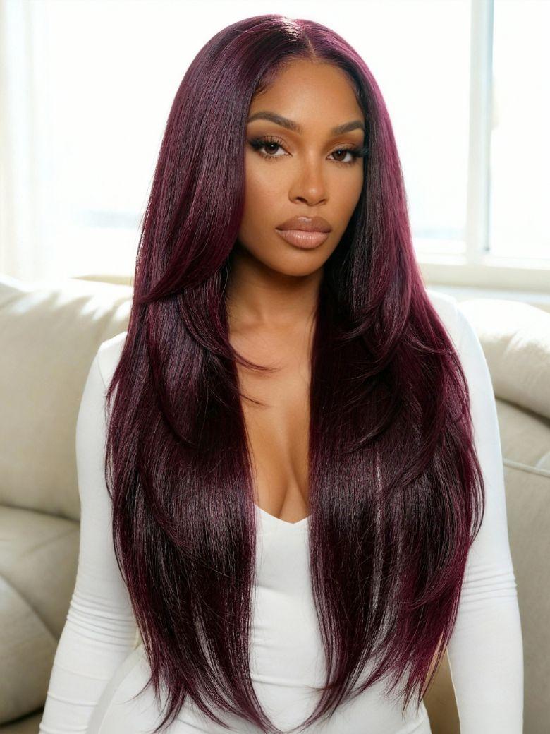 UNice 13x4 Bye Bye Slip™ Lace Frontal Black Cherry Middle Part Layered Cut Yaki Straight Wig