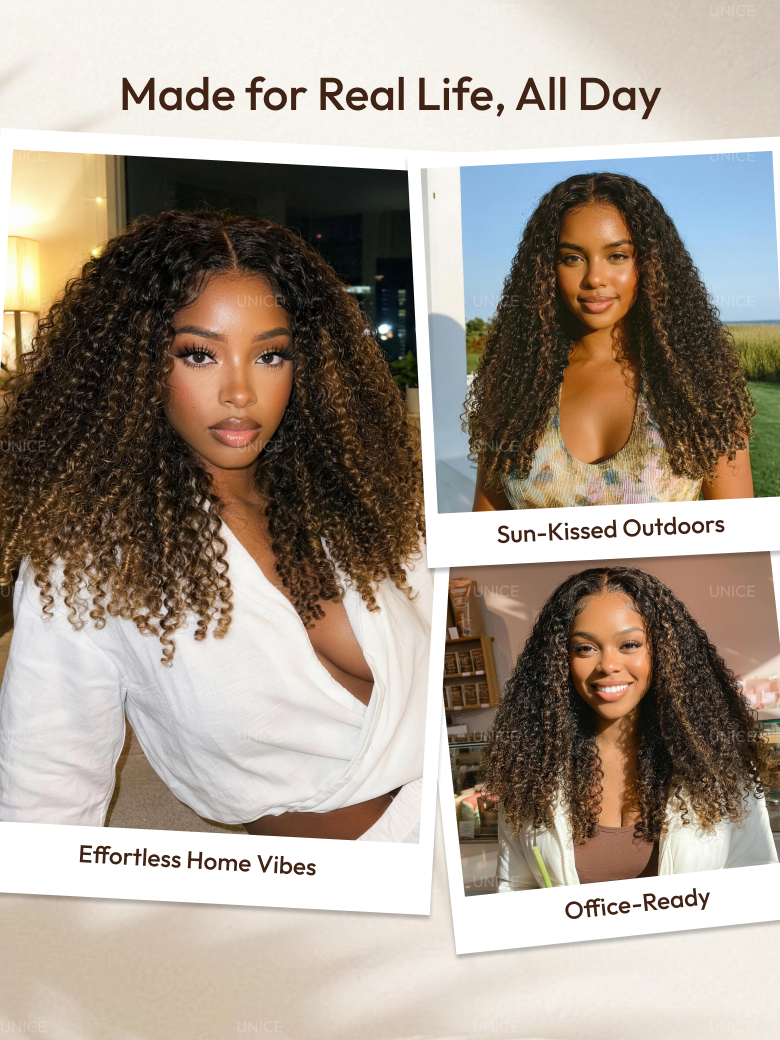 UNice Glueless 7x5 Burmese Curly Wig with Finger Coily Ends 100% Human Hair Black to Chestnut Brown Ombre Bye-Bye Knots™ 7x5 Lace Drawstring Wig