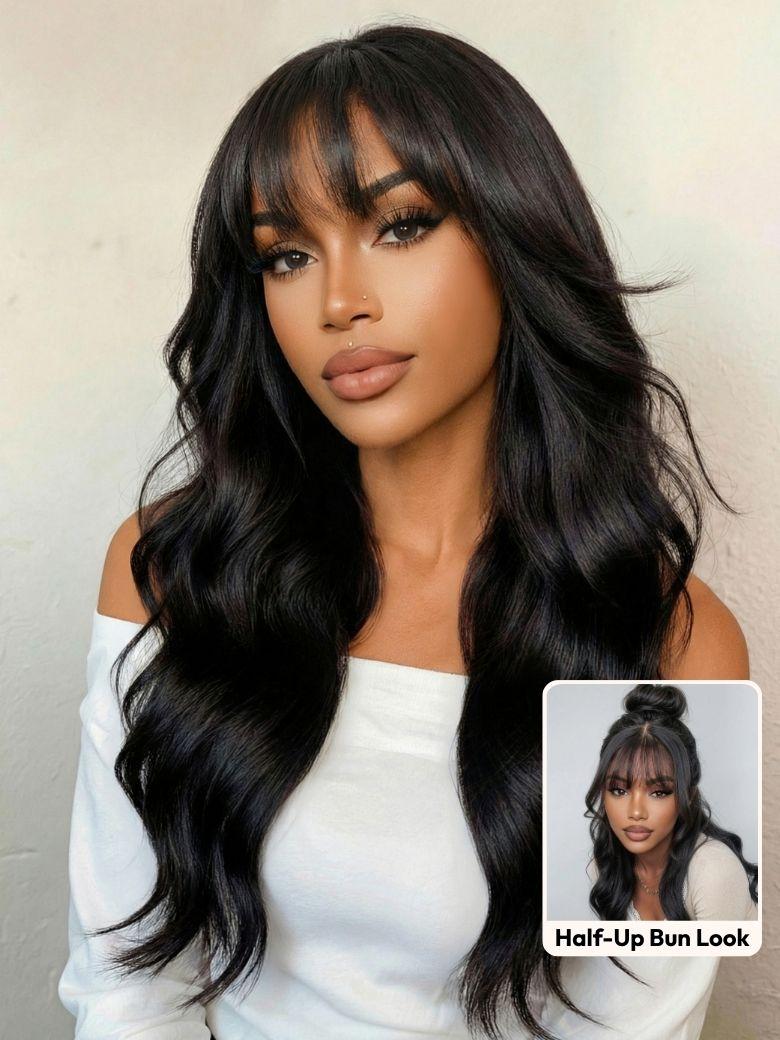 [From 18 Inch] UNice 7x5 Bye Bye Slip™ Lace Natural Black Soft Blowout Loose Wave Layered Wig With Wispy Bangs