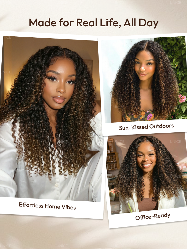 UNice Glueless 7x5 Burmese Curly Wig with Finger Coily Ends 100% Human Hair Black to Chestnut Brown Ombre Bye-Bye Knots™ 7x5 Lace Drawstring Wig