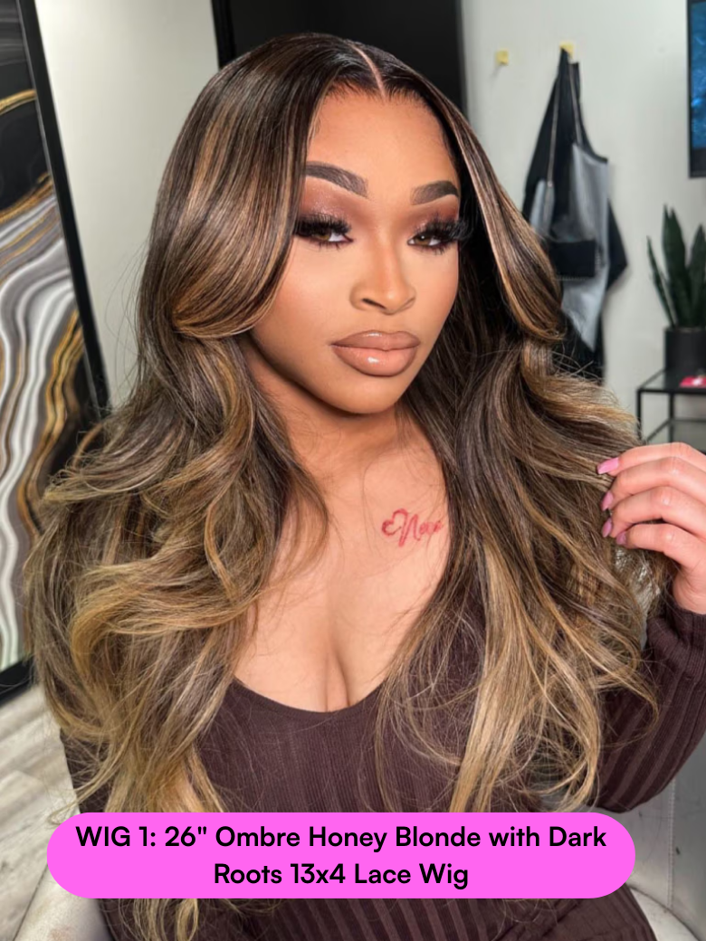 26" Ombre Honey Blonde with Dark Roots 13x4 Lace Wig Or 24" Black Fluffy Natural Loose Wave Curtain Bangs 13x4 Pre Everything Lace Wig