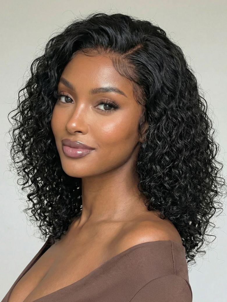 UNice 7x5 Bye Bye Slip™ Lace Black Celebrity-Inspired Side Part Natural Curly Bob Wig Drawstring Wig 180% Density