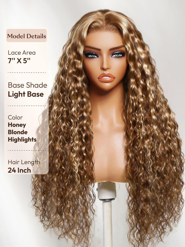 UNice 13x4 & 7x5 Bye Bye Slip™ Lace Frontal Caramel Brown With Honey Blonde Highlights Water Wave Glueless Drawstring Wig