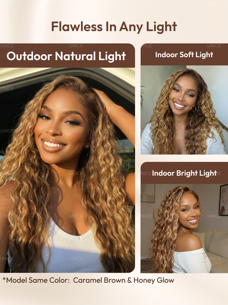 UNice 13x4 Pre-Everything™ Lace Frontal Caramel Brown With Honey Blonde Highlights Water Wave Glueless Drawstring Wig