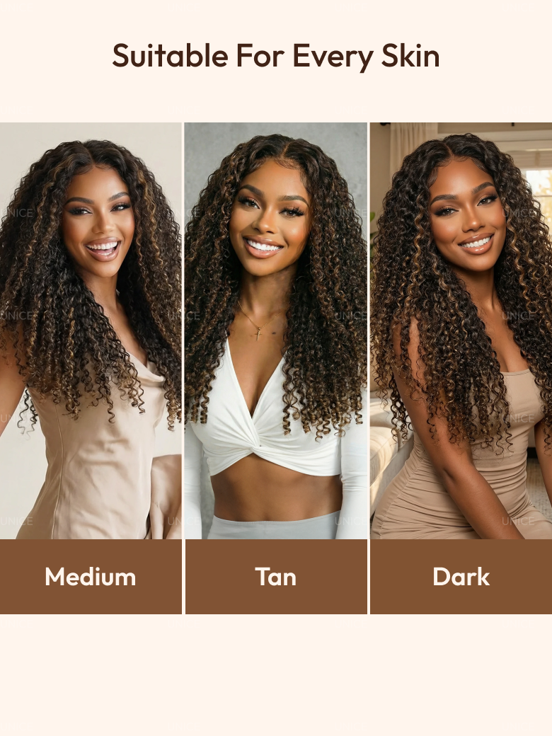 UNice Glueless 7x5 Burmese Curly Wig with Finger Coily Ends 100% Human Hair Black to Chestnut Brown Ombre Bye-Bye Knots™ 7x5 Lace Drawstring Wig