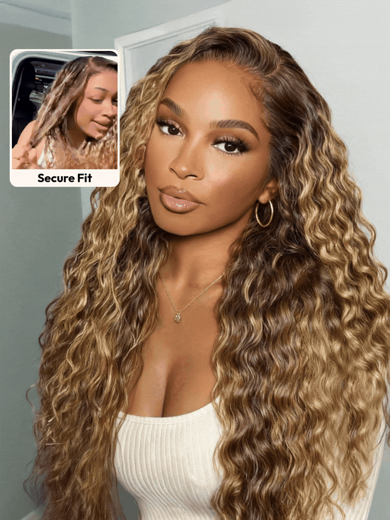 UNice 13x4 & 7x5 Bye Bye Slip™ Lace Frontal Caramel Brown With Honey Blonde Highlights Water Wave Glueless Drawstring Wig