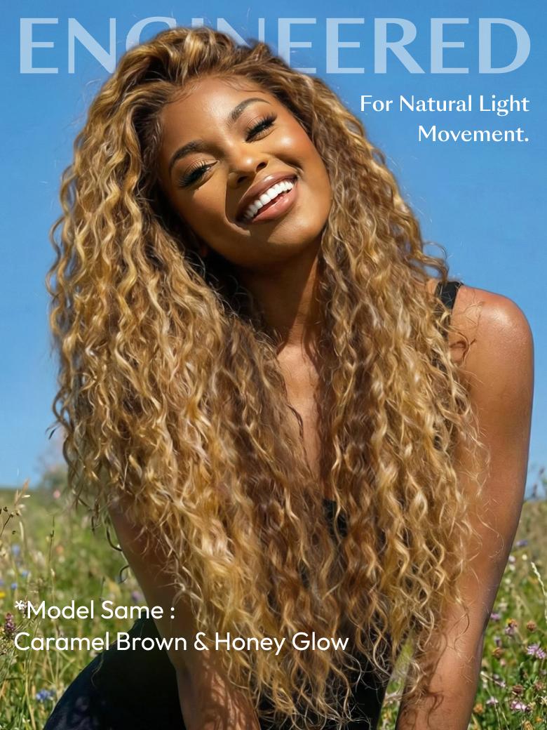 UNice 13x4 Bye Bye Slip™ Lace Frontal Caramel Brown With Honey Blonde Highlights Water Wave Glueless Drawstring Wig