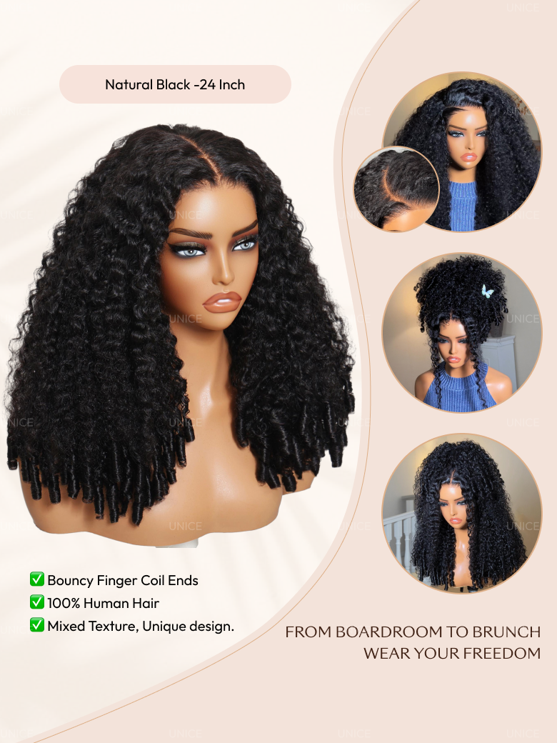 7x5 Bye Bye Slip™Glueless Lace Black to Chestnut Brown Ombre Burmese Curly With Finger Coil Ends Wig-Put On & Go With Invisi Drawstring