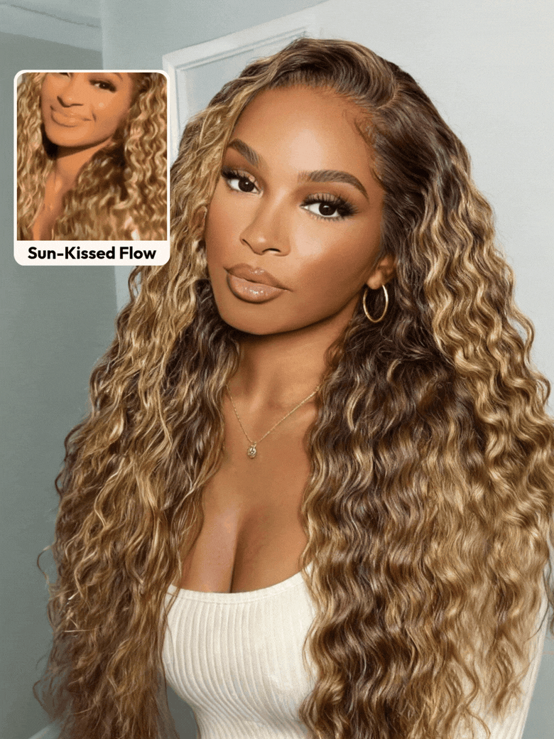 [Price Drop] UNice 13x4 & 7x5 Bye Bye Slip™ Lace Frontal Caramel Brown With Honey Blonde Highlights Water Wave Glueless Drawstring Wig