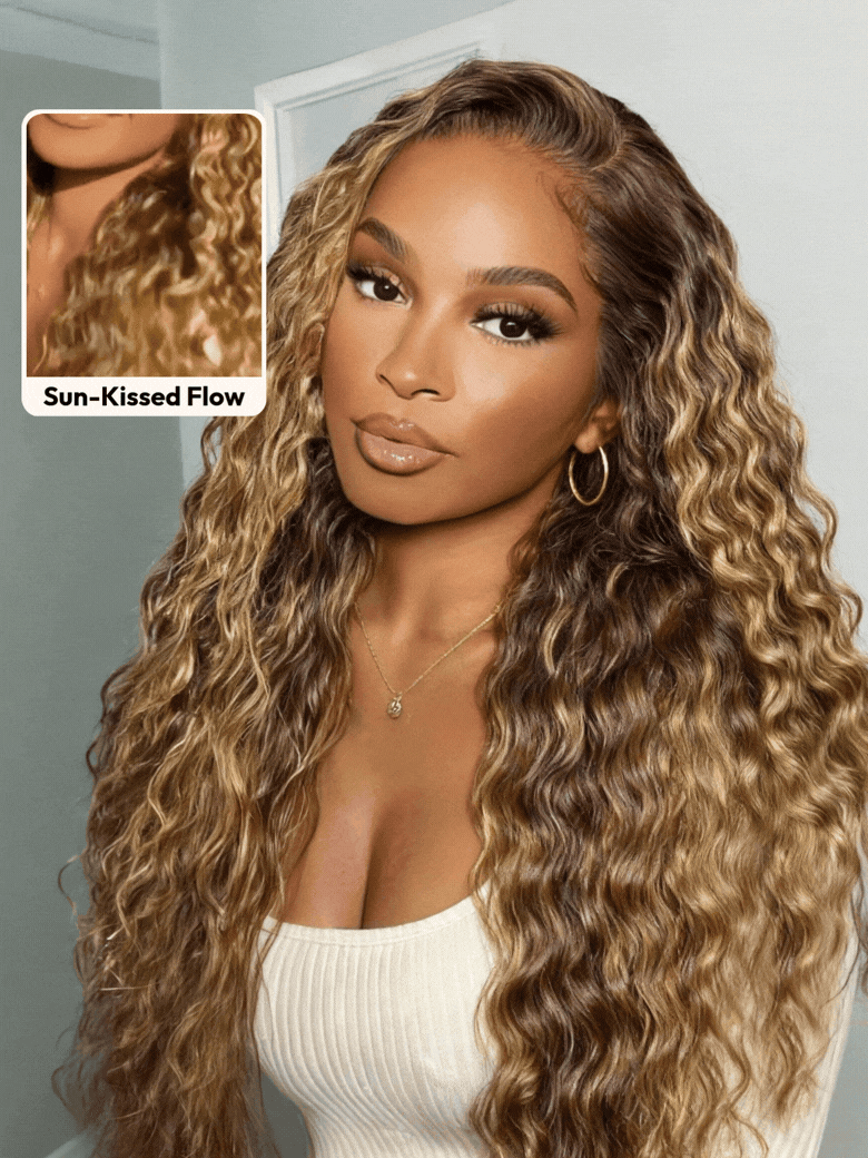 UNice 13x4 & 7x5 Bye Bye Slip™ Lace Frontal Caramel Brown With Honey Blonde Highlights Water Wave Glueless Drawstring Wig