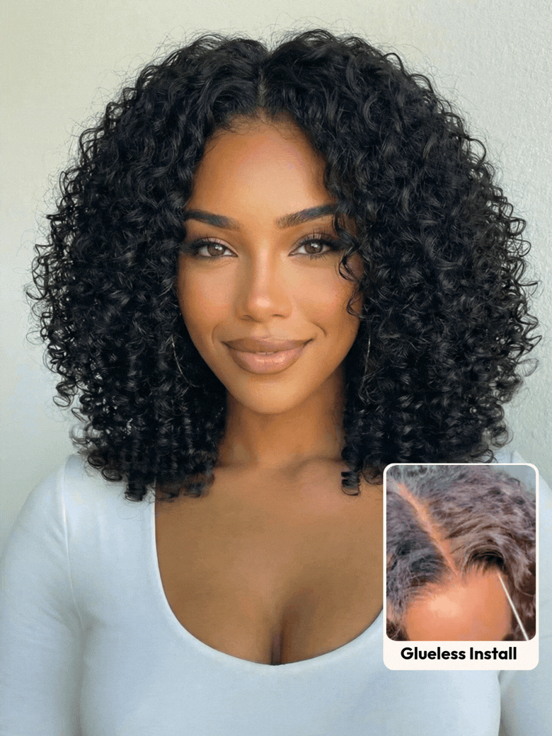 UNice 7x5 Bye Bye Slip™ Lace Natural Black Afro Kinky Curly with Finger Coil Ends Drawstring Wig 180% Density