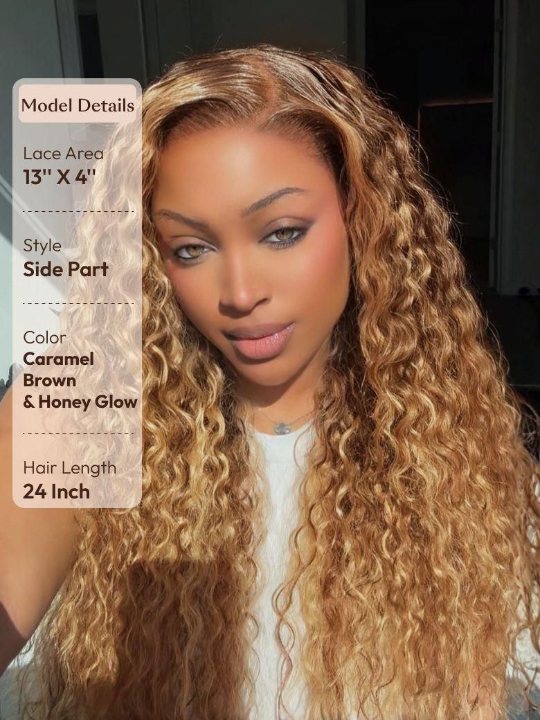 UNice 13x4 & 7x5 Bye Bye Slip™ Lace Frontal Caramel Brown With Honey Blonde Highlights Water Wave Glueless Drawstring Wig
