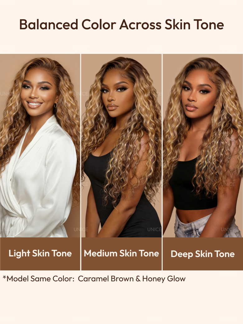 UNice 13x4 & 7x5 Bye Bye Slip™ Lace Frontal Caramel Brown With Honey Blonde Highlights Water Wave Glueless Drawstring Wig