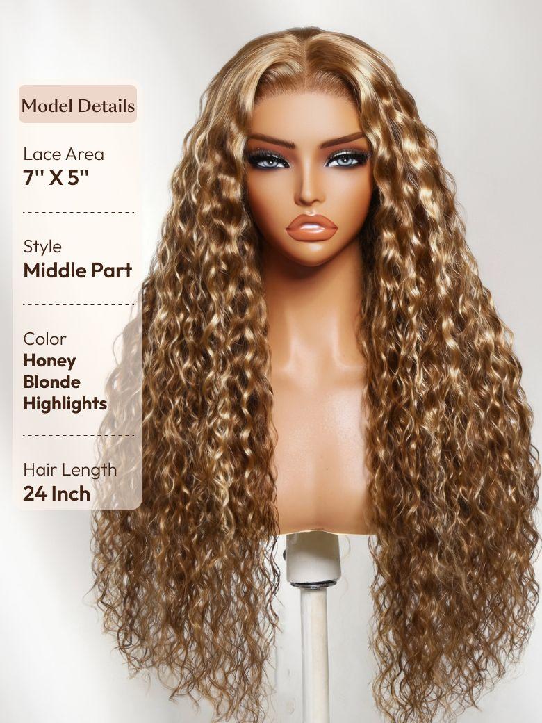 UNice 13x4 & 7x5 Bye Bye Slip™ Lace Frontal Caramel Brown With Honey Blonde Highlights Water Wave Glueless Drawstring Wig