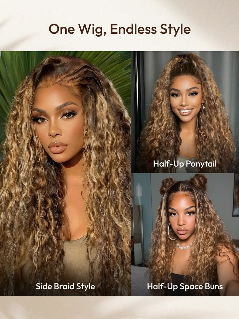 UNice 13x4 Pre-Everything™ Lace Frontal Caramel Brown With Honey Blonde Highlights Water Wave Glueless Drawstring Wig
