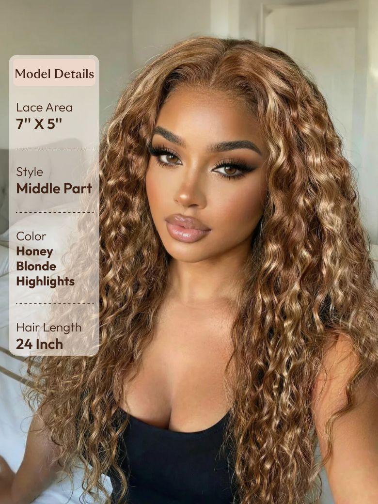 UNice 13x4 & 7x5 Bye Bye Slip™ Lace Frontal Caramel Brown With Honey Blonde Highlights Water Wave Glueless Drawstring Wig