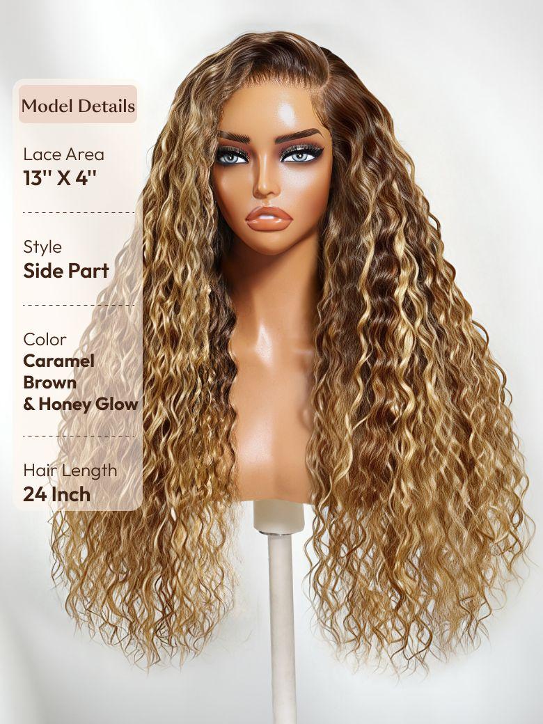 UNice 13x4 & 7x5 Bye Bye Slip™ Lace Frontal Caramel Brown With Honey Blonde Highlights Water Wave Glueless Drawstring Wig