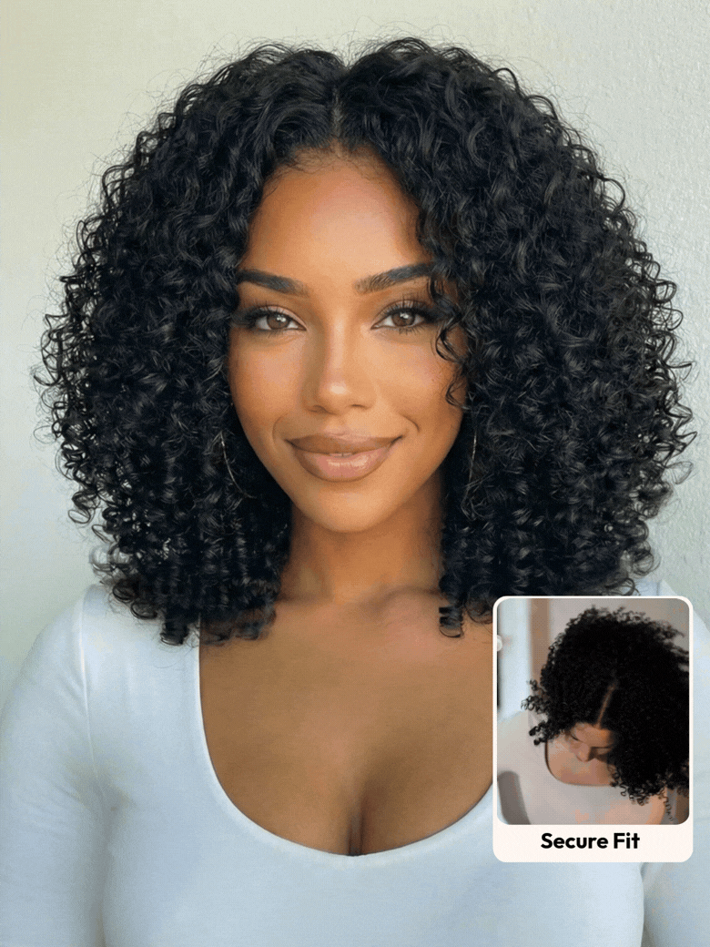 UNice 7x5 Bye Bye Slip™ Lace Natural Black Afro Kinky Curly with Finger Coil Ends Drawstring Wig 180% Density