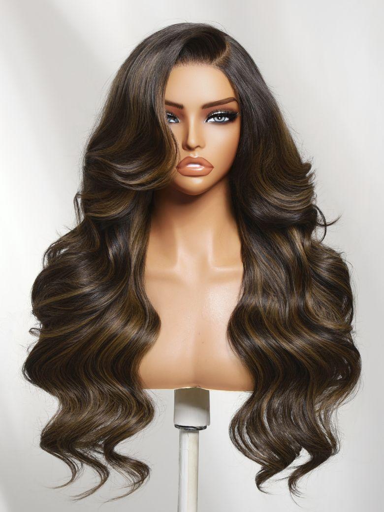 UNice 7x5 Bye-Bye Slip™ Lace Brown with Caramel Highlights Loose Wave with Face-Framing Layers and Side Swept Bangs