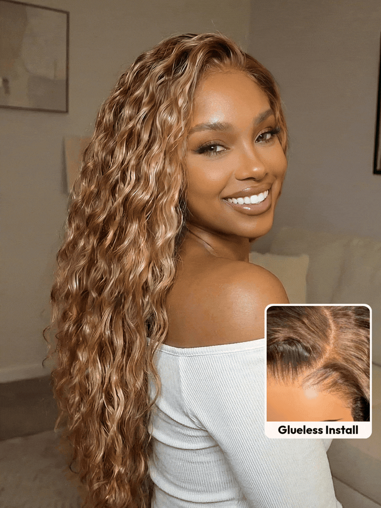 Must-Have 7x5 & 13x4 Bye Bye Slip™ Lace Frontal Caramel Brown With Honey Blonde Highlights Water Wave Glueless Drawstring Wig