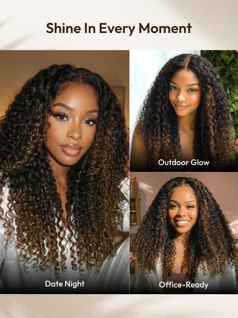 UNice Glueless 7x5 Burmese Curly Wig with Finger Coily Ends 100% Human Hair Black to Chestnut Brown Ombre Bye-Bye Knots™ 7x5 Lace Drawstring Wig