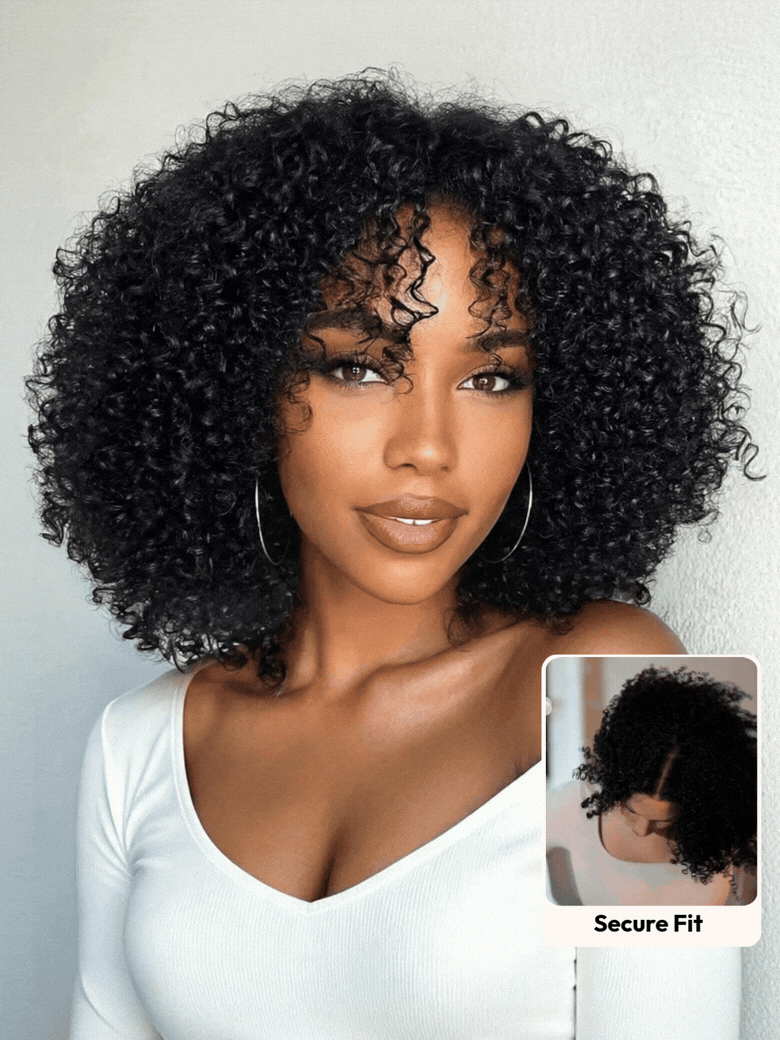 UNice 7x5 Lace Bye Bye Slip™ Natural Black Afro Kinky Curly with Finger Coil Ends Drawstring Wig 180% Density