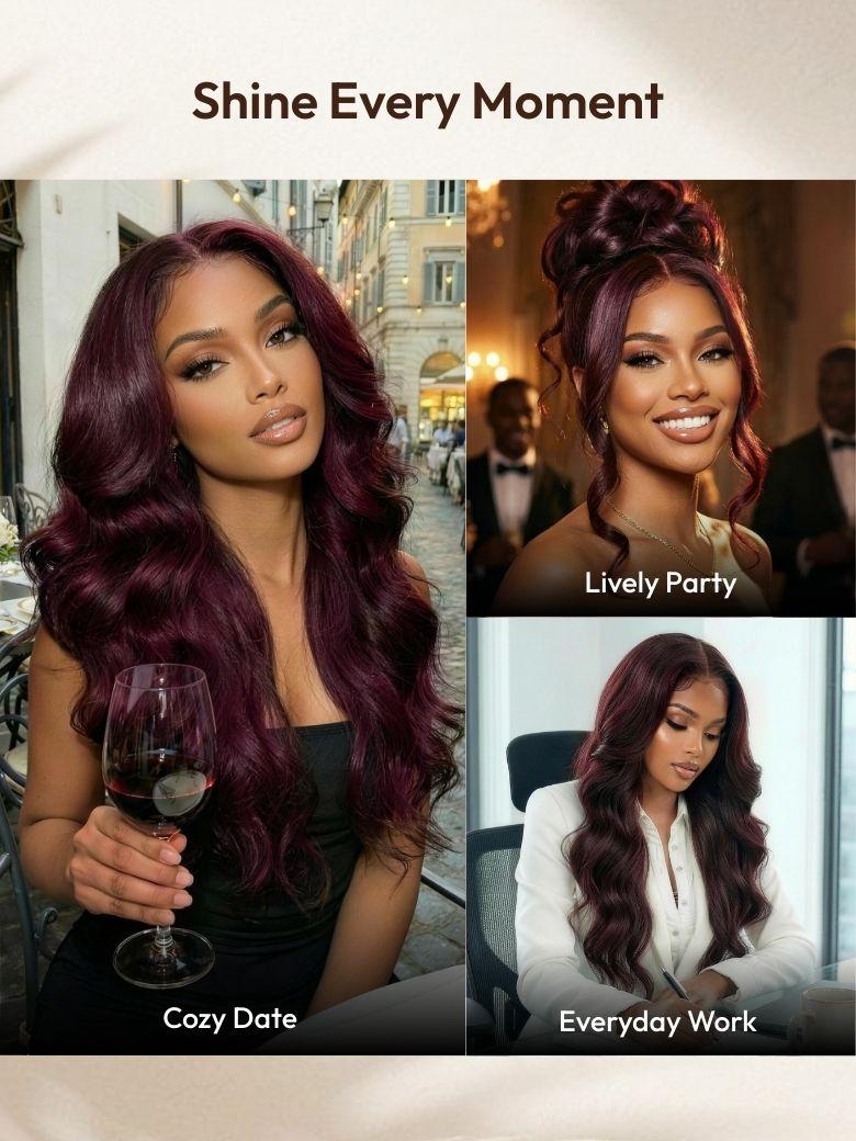 UNice 7x5 Bye-Bye Knots™ & 13x4 Pre-Everything™ Lace Frontal Purple Black Cherry Layered Straight & Loose Wave With Invisi Drawstring Wig