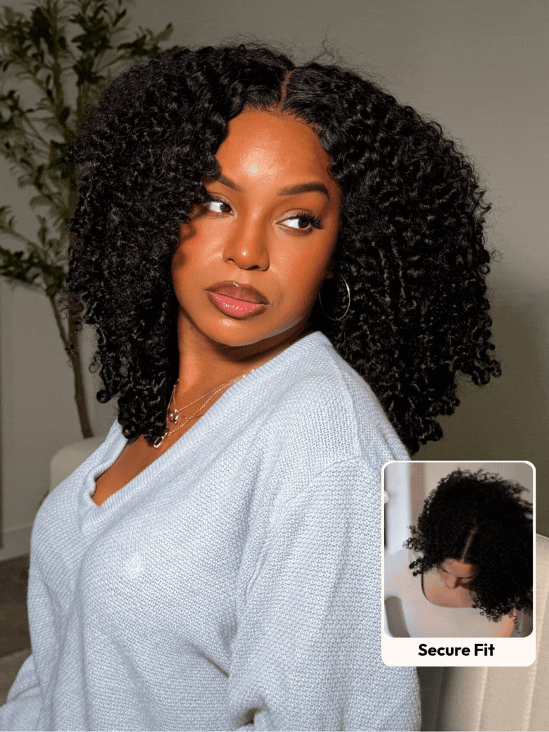 UNice 7x5 Bye Bye Slip™ Lace Natural Black Afro Kinky Curly with Finger Coil Ends Drawstring Wig 180% Density
